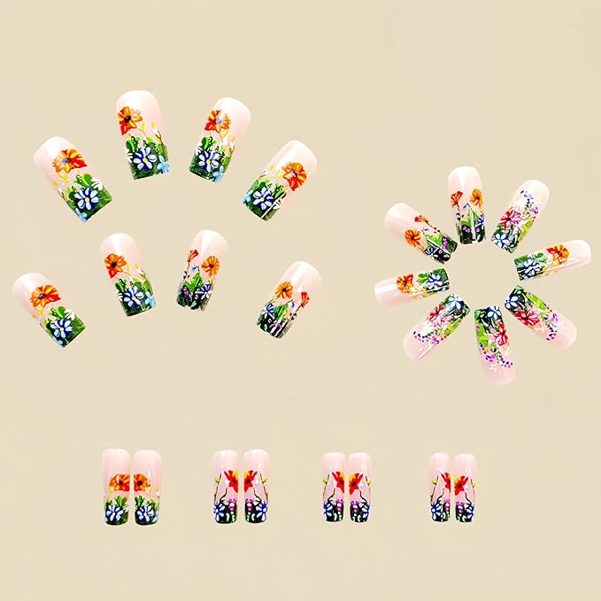 Flower Press on Nails Medium Square Fake Nails with Flower Designs Colorful Flowers Acrylic Nails Nude Pink Glossy Stick on Nails Floral False Nails for Women Girls 24Pcs