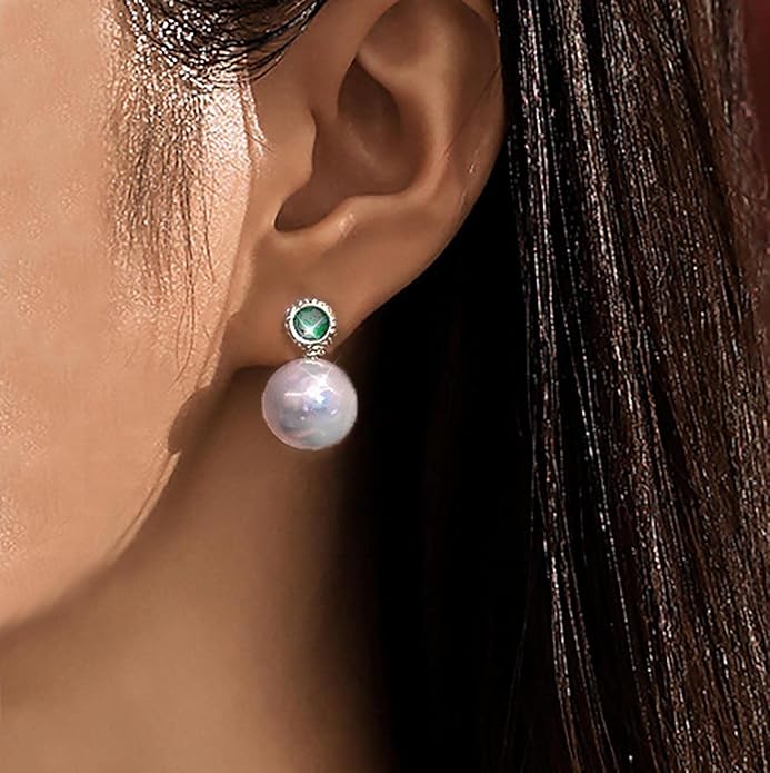 Vintage Emerald Pearl Earrings Gold Pearl Drop Earrings Green Emerald Studs Earrings Rhinestone Pearl Emerald Earrings Jewelry for Women-VivaGrace Women