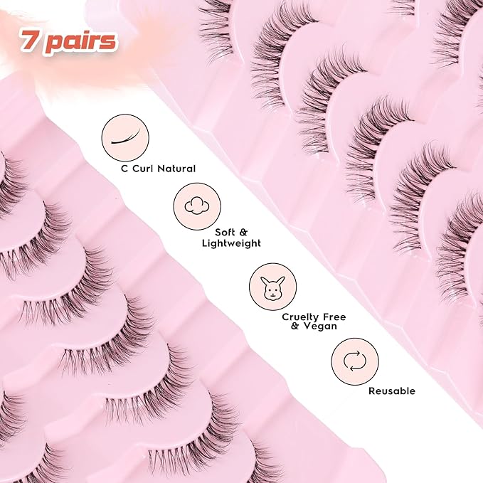 Eyelashes Natural False Lashes 14mm Eye Lashes with Thin Band 3D Volume Fake Eyelashes C Curl Wispy Lashes Natural Look 7 Pair-VivaGrace Women
