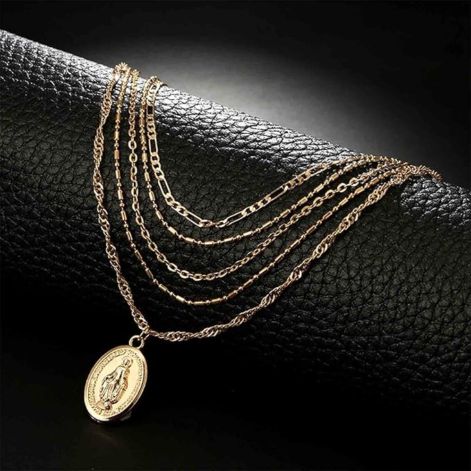 Boho Layered Oval Coin Necklace Choker Gold Virgin Mary Necklace Figaro Chain Necklace Vintage Multilayer Necklace Chain Jewelry for Women and Girls-VivaGrace Women