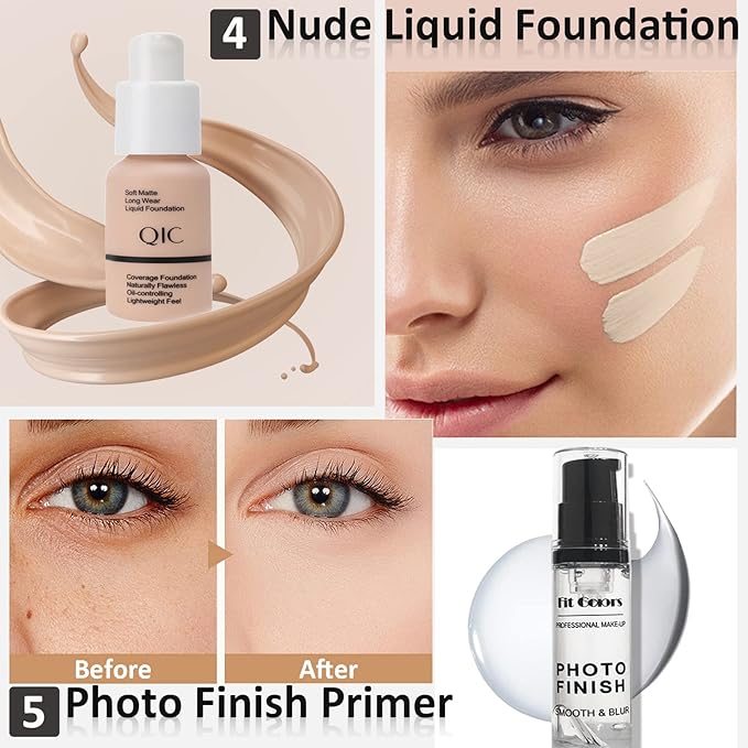 All In One Makeup Essential Starter Kit for Beginners or Pros, 18 Colors Naked Eyeshadow Palette Nude Face Primer, Brush, Sponge, Eyebrow Powder, Winged Eyeliner Stamp (SetA)-VivaGrace Women