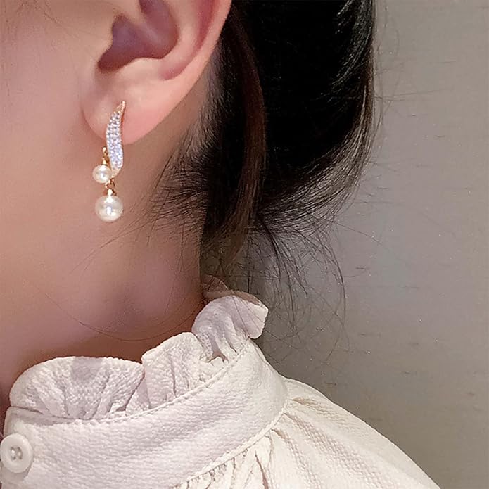 Vintage Crystal Pearl Drop Earrings Sparkly Leaf Earrings Rhinestone Pearl Dangle Earrings Gold Cz Spiral Leaf Earring Jewelry for Women-VivaGrace Women