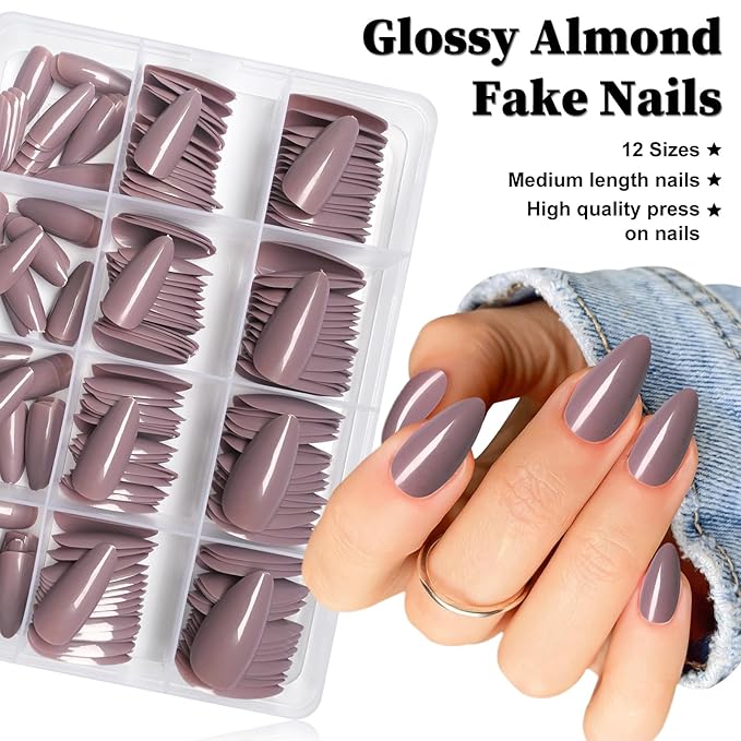 LoveOurHome 240pc Medium Press on Nails Almond Fake Nail Tips Full Cover False Nail Colored Artificial Nail Short Stiletto Almond Presson on Fingernail with Glue Adhesive Tabs for Women Girls Kids
