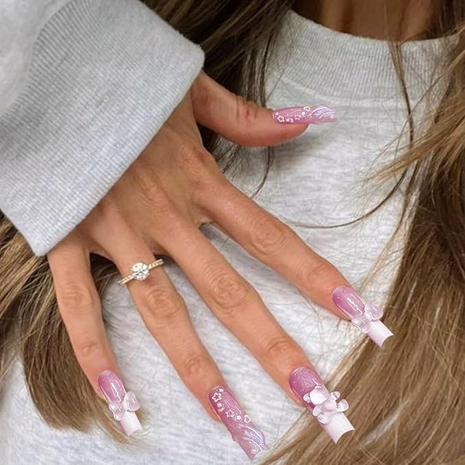 Long Press on Nails French Tip Coffin Fake Nails with Rhinestones Star Designs 3D Cute Bears False Nails Sequins Stick on Nails Glossy Glue on Nails for Women and Girls