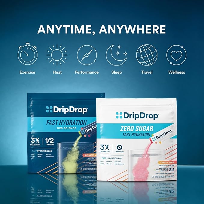 DripDrop Hydration Packets - Sunburst Variety Pack - Single Serve Electrolytes Powder Drink Mix - Lemon Lime, Strawberry, Peach, Black Cherry - Non-GMO, Gluten Free, Vegan - 32 Sticks-VivaGrace Women