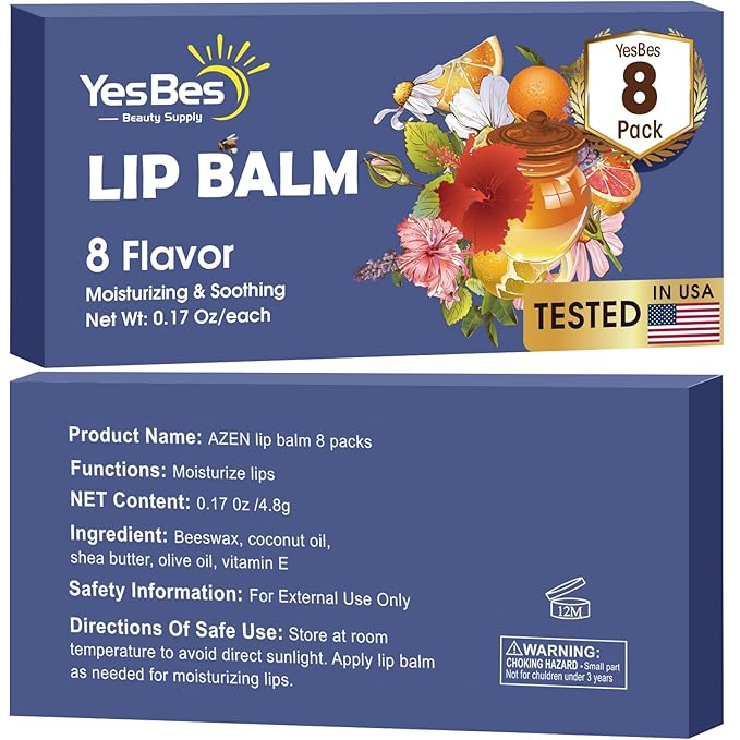 Lip Balm, 8 Pack Natural Bulk with Vitamin E & Coconut Oil, Moisturizing Dry Cracked Lips Protection, 8 Flavors - Stocking Stuffers-VivaGrace Women