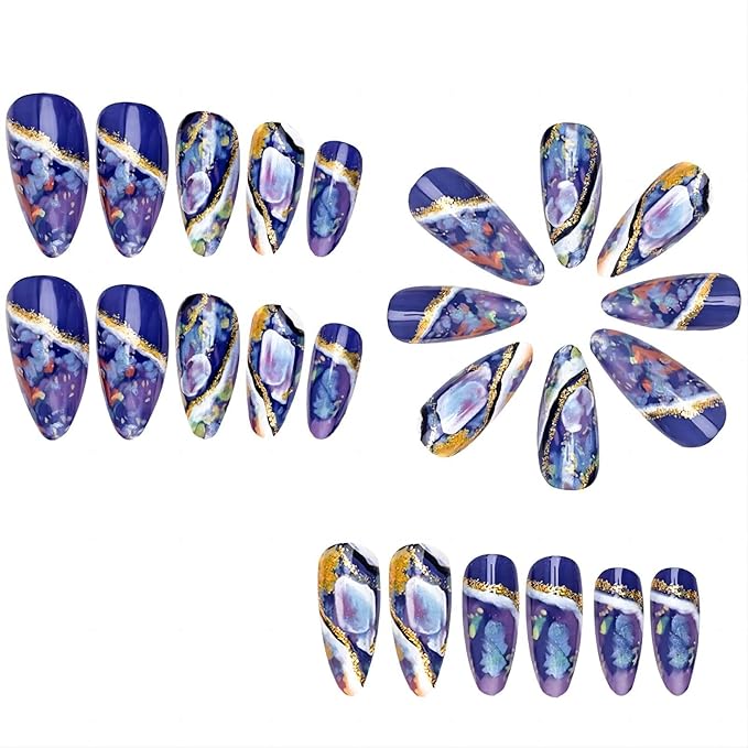 Blue Almond Press On Nails Medium Gold Glitter Acrylic Fake Nails With Designs Glossy Glazed Amber Pattern Artificial 24Pcs