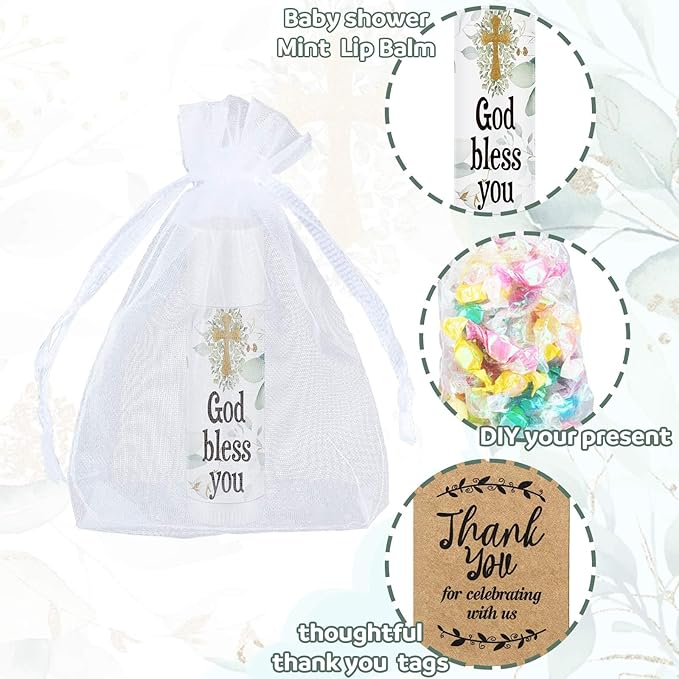Demissle 50 Pcs Baby Shower Lip Balm Gift Set with 100 Pcs Organza Bags Baby Shower Party Favor for Guest Thank You Tag Rope Baby Shower Party Decoration Gender Reveal Souvenirs (God Bless You)-VivaGrace Women
