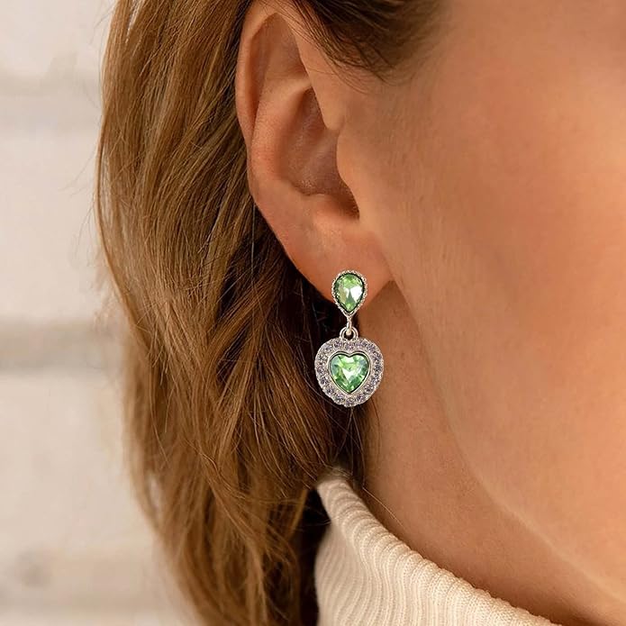 Vintage Emerald Heart Earrings Emerald Cz Teardrop Earrings Rhinestone Heart Drop Earrings Green Gemstone Stud Earrings Jewelry for Women(Green)-VivaGrace Women