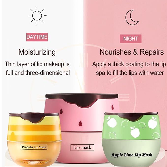 3 PCS Bee Lip Balm Lip Mask Honey Pot, Honey & Strawberry & Apple Lime Lip Mask Overnight Propolis Moisturizing Lip Balm with Stick,Hydrating Repair Lip Sleeping Mask,Prevention Dry and Cracked-VivaGrace Women