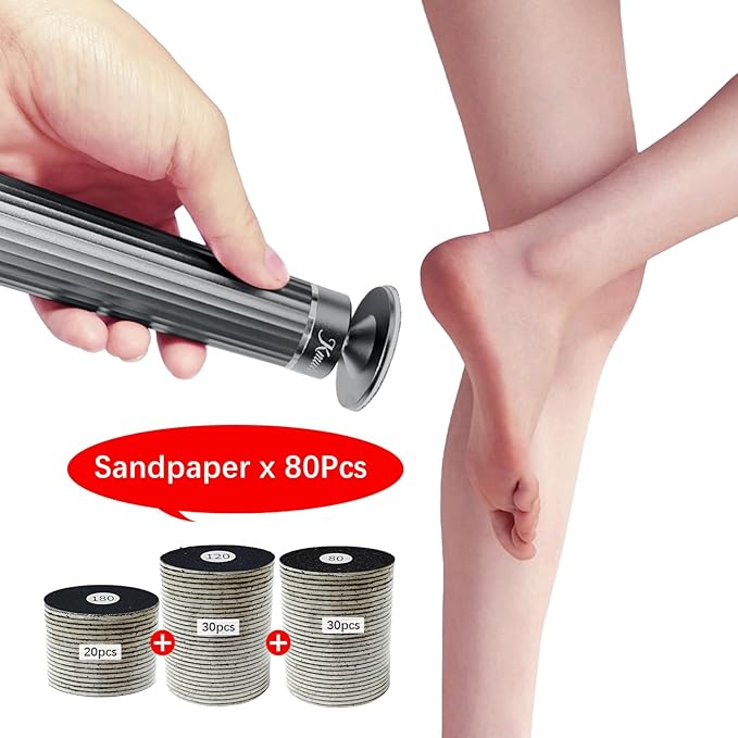 5.3'' Electric Foot Callus Remover with 80pcs Sandpaper Discs & Brush, Professional Aluminum Ergonomic Pedicure Tool, Stepless Speed & Reverse Control for Dead Skin Removal (Grey)-VivaGrace Women