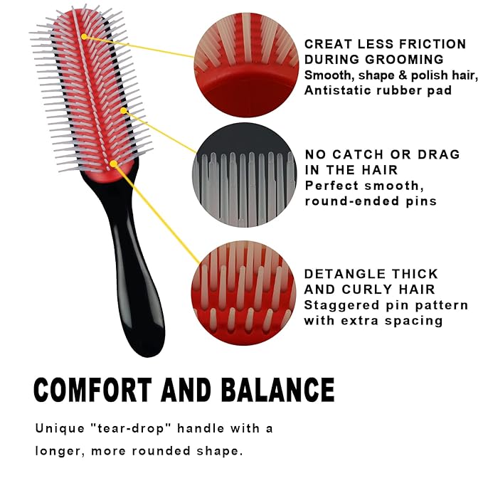 Classic Styling Hair Brush for Wet or Dry Curly Hair. 9 Row Black Brush for Detangling, Separating, Shaping-VivaGrace Women