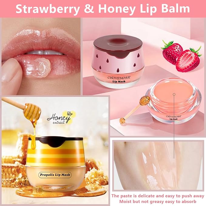 4 Pcs Strawberry & Honey Lip Balm, Vitamin E Lip Masks Moisturizing Propolis Sleeping Lip Mask, Hydrating & Prevention Dry and Cracked Lip Scrubs Exfoliator (2 Pack Strawberry + 2 Pack Honey)-VivaGrace Women