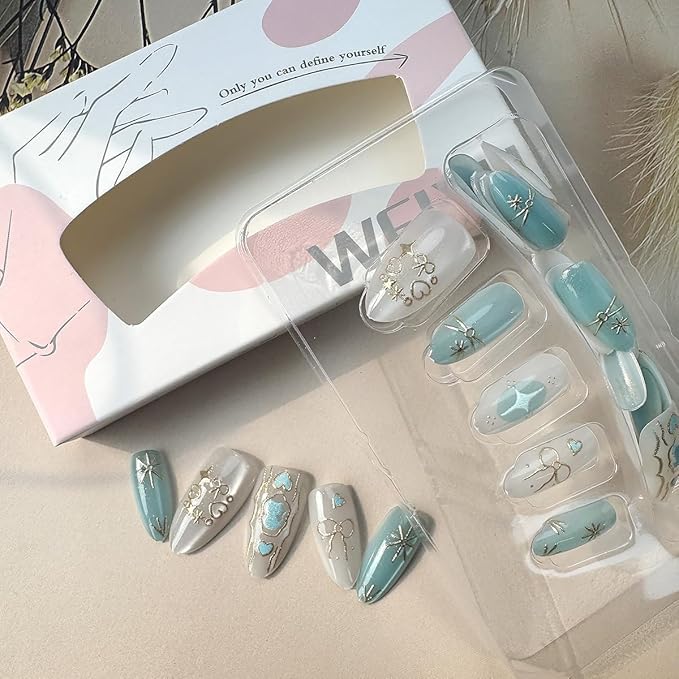 30Pcs Cat Press on Nails Short Almond Fake Nails Blue Cute Cat with Star Rhinestones Design Glitter False Nails Handmade Full Cover Artificial Glue on Nails Spring Summer Stick on Nails for Women