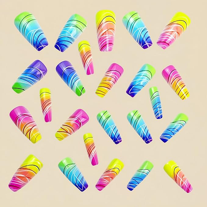 Coffin Press on Nails Medium Length Fake Nails Multicolor False Nails with Designs Full Cover Glue on Nails Press ons Sparkly Artificial Nails Cute Stick on Nails for Women 24Pcs