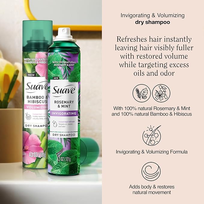 Suave+ Dry Shampoo Spray Variety 2-Pack – Invigorating Rosemary & Mint + Volumizing Bamboo & Hibiscus, 4.3 Oz Ea-VivaGrace Women