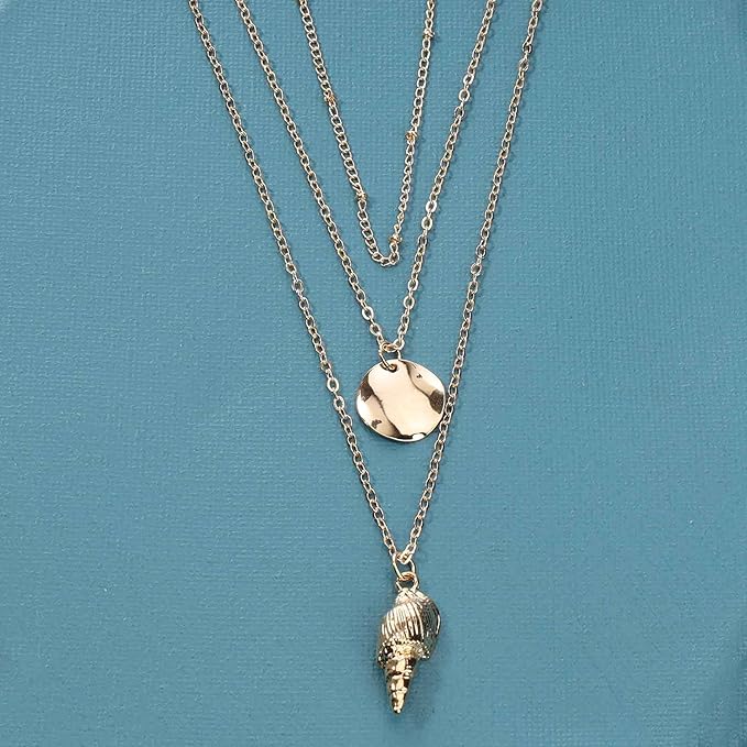 Bohemia Layered Seashell Necklace Choker Gold Coin Disc Pendant Necklace Chain Conch Shell Necklace Handmade Beachy Necklace Jewelry for Women and Girls-VivaGrace Women