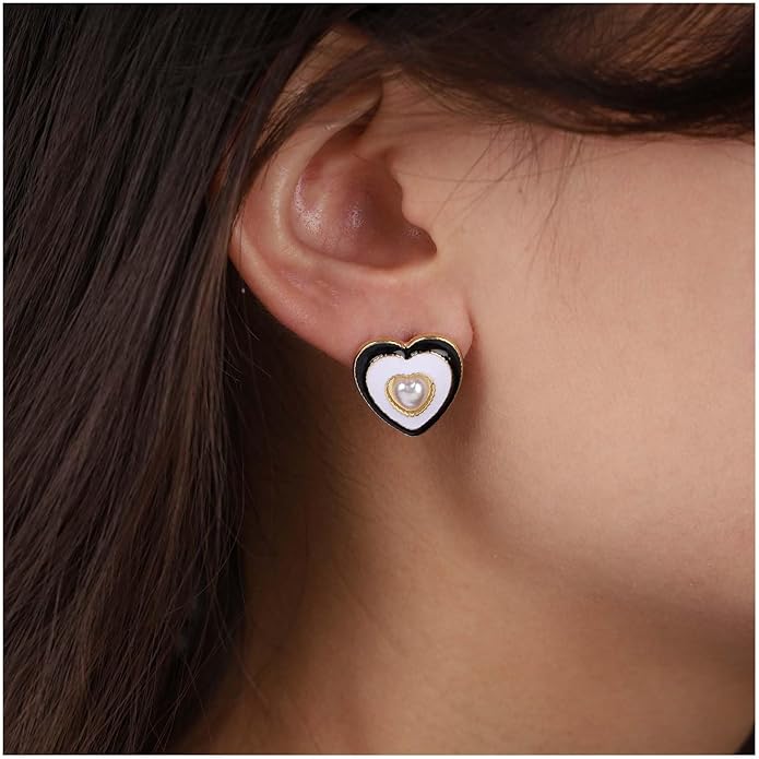 Vintage Pearl Heart Stud Earrings Enamel Heart Earrings Heart Love Earrings White Minimal Earrings Jewelry for Women-VivaGrace Women
