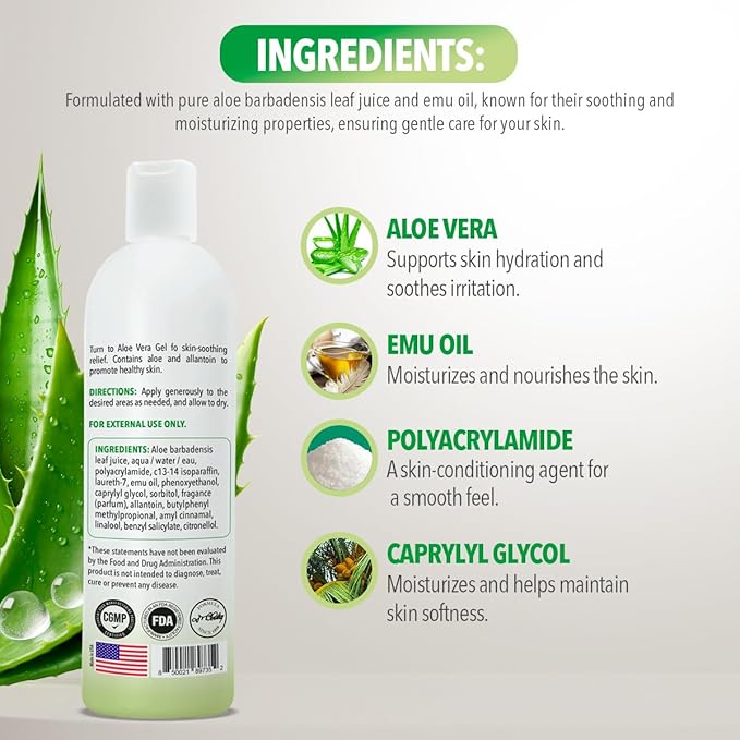 Dr. Robaina Natural Aloe Vera Gel with Emu Oil – Hydrating & Soothing Daily Skin Care for Dry Skin, Sun-Exposed Comfort & Irritation Relief – Non-Greasy, Quick-Absorbing – 12 oz | Made in USA-VivaGrace Women