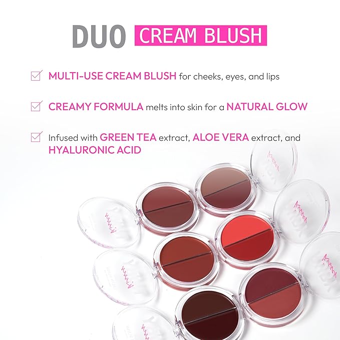 Ruby Kisses Duo Cream Blush, Smooth, Natural-Looking, Long-Lasting Face Makeup Blush for Cheeks, Lips, and Eyes, Buildable and Blendable, Infused with Green Tea, Aloe Vera Extract, and Hyaluronic Acid-VivaGrace Women