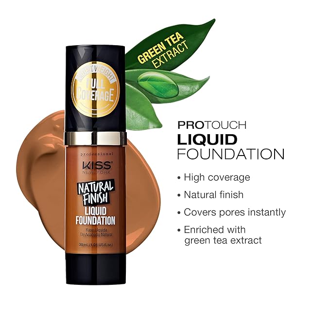 Kiss New York Professional Liquid Foundation - Lightweight and Hydrating Formula, Natural Finish, Control Shine, Cover Pores, Medium to Full Coverage, Green Tea Extract (Cappuccino)-VivaGrace Women