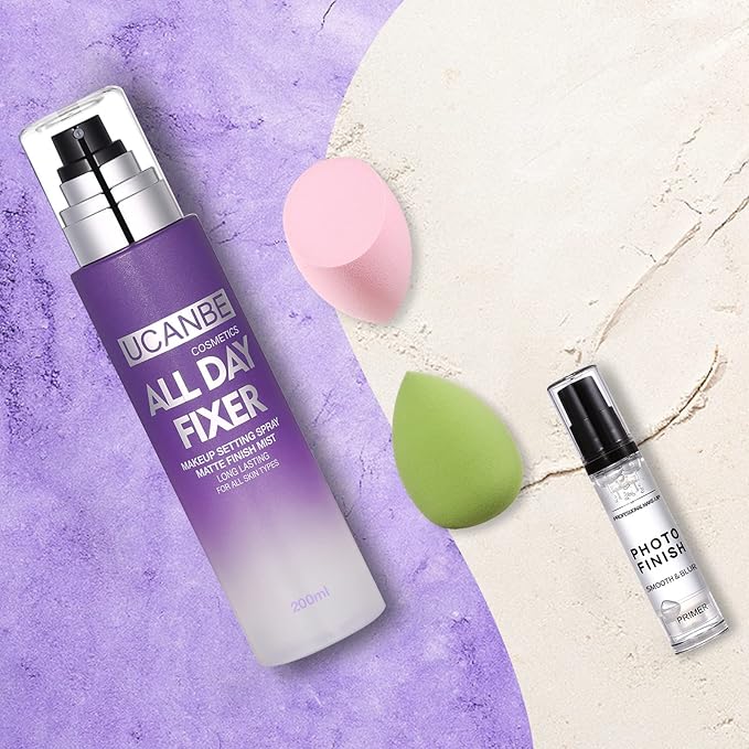 UCANBE Makeup Setting Spray + Face Primer + Make Up Sponge, Gel-Based Hydrating Primer, Lightweight, Long Lasting Matte Finishing Spray,Beauty Blender Set-VivaGrace Women