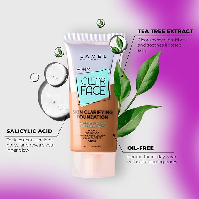 LAMEL OhMy Clear Face Full Coverage Foundation - Acne Coverage - Salicylic Acid & Tea Tree Extract - Dewy & Flawless Finish - Sensitive Skin Care - Organic & Oil-Free - 409, 1.35 fl.oz-VivaGrace Women