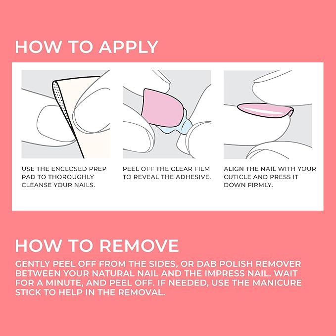 KISS imPRESS No Glue Mani Press On Nails, Color, 'Pretty Pink', Pink, Short Size, Squoval Shape, Includes 30 Nails, Prep Pad, Instructions Sheet, 1 Manicure Stick, 1 Mini File