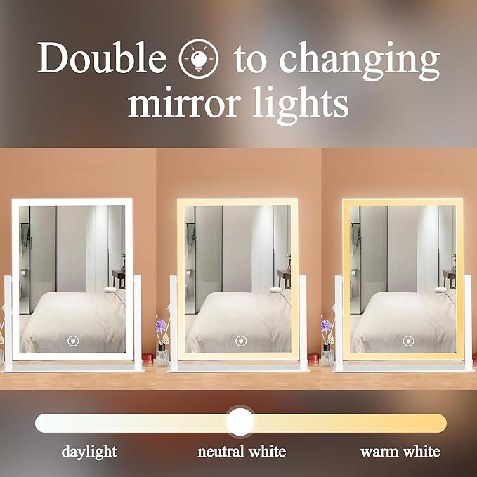 Makeup Mirror with Lights 12" White,Smart Touch Control,3-Color Dimmable LED Vanity Mirror with Lighted Cosmetic Mirror for Dressing Room & Bedroom Desktop,360° Rotation,Adjustable Brightness