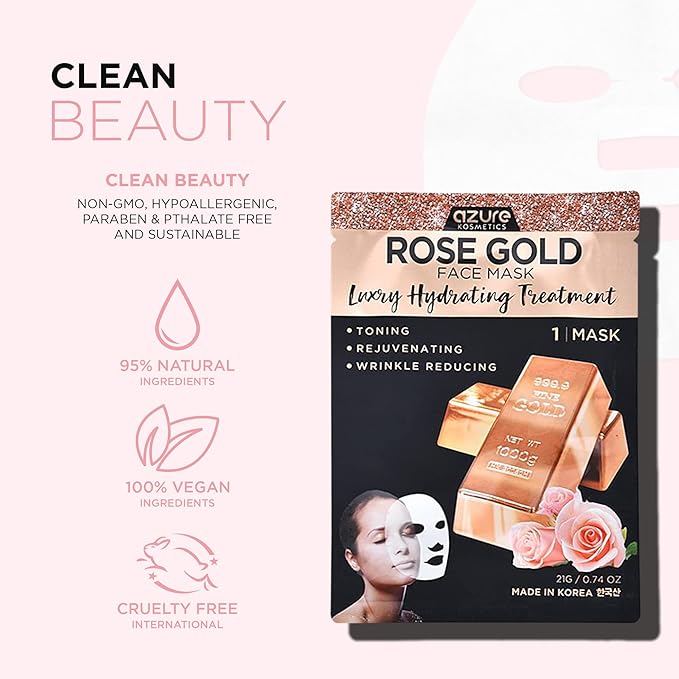 Azure Cosmetics Rose Gold Luxury Hydrating Facial Sheet Mask - Firming, Lifting & Deeply Moisturizing - Helps Reduce Fine Lines & Wrinkles, Signs of Aging & Dry Patches - Made in Korea - Pack of 5-VivaGrace Women