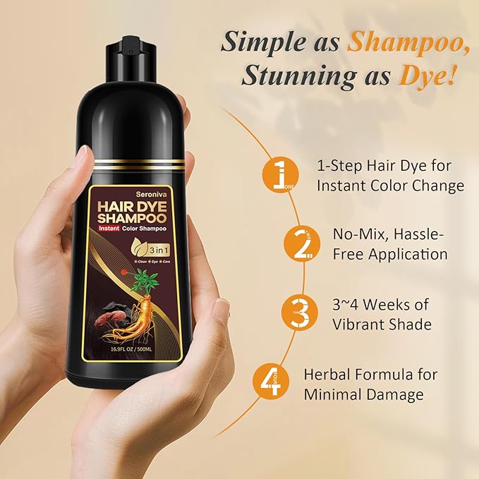 Dark Brown Hair Dye Shampoo for Gray Hair, Natural Color Shampoo Hair Dye for Women & Men, Hair Instant Dye Shampoo Colors Hair in Minutes, Champu Para Canas, 3-in-1 Shampoo for Dyeing Gray, 500 Ml-VivaGrace Women