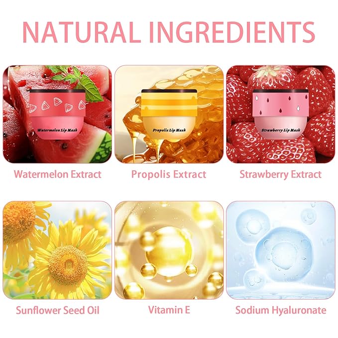 3 Pcs Bee Lip Balm Honey Pot, Honey Strawberry Watermelon Lip Mask Overnight, Moisturizing Sleeping Lip Mask, Hydrate Repair Prevent Dry Cracked Lip Care (Honey+Strawberry+Watermelon)-VivaGrace Women