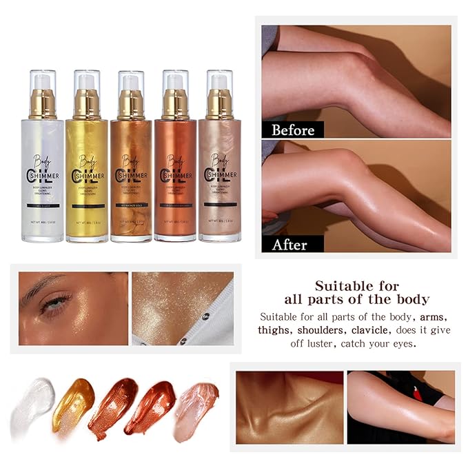 Shimmer Body Luminizer 5 Color Waterproof Smooth Face Body Glow Illuminator Non-sticky Liquid Body Highlight Illuminator for Face & Body & Leg (80 ML, 01 Pearl White)-VivaGrace Women