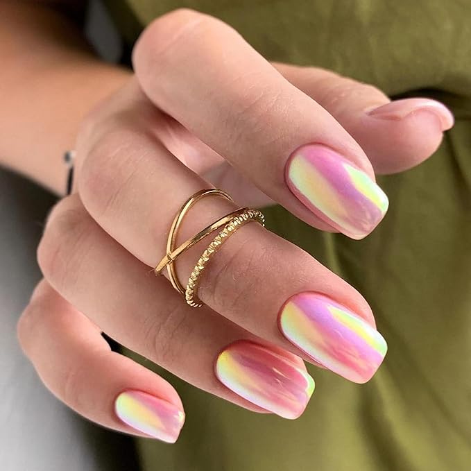 Press on Nails Square - Glazed Pastel Pink Chrome Fake Nails Medium Acrylic Full Cover Glue on Nails in 12 Sizes - 24 Piece Nail Kit,Natural Fit for Women & Girls Daily Wear