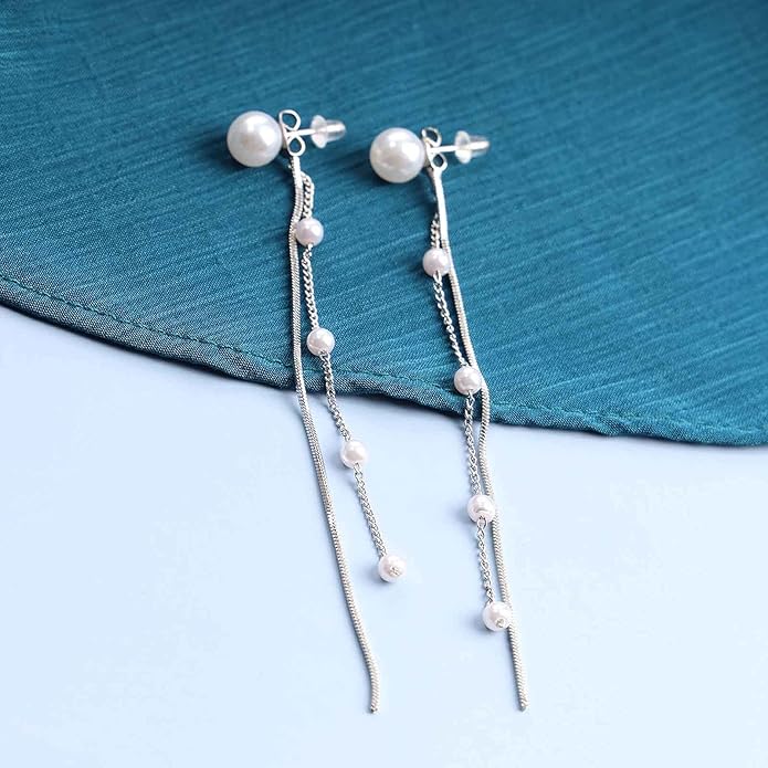 Vintage Pearl Dangle Earrings Long Pearl Chain Earrings Silver Pearl Tassel Drop Earrings Tiny Pearl Bridal Earrings Jewelry for Women-VivaGrace Women