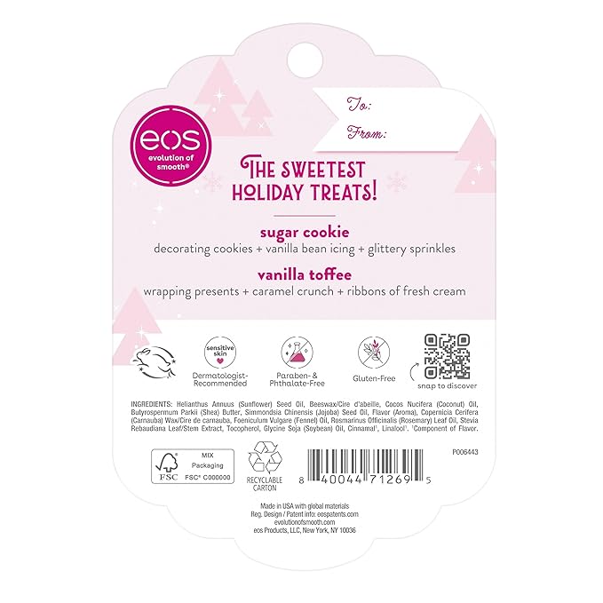 eos Holiday Lip Balm Gift- Sugar Cookie & Vanilla Toffee, Stocking Stuffers, All-Day Moisture Lip Care, 0.14 oz, 2-Pack-VivaGrace Women