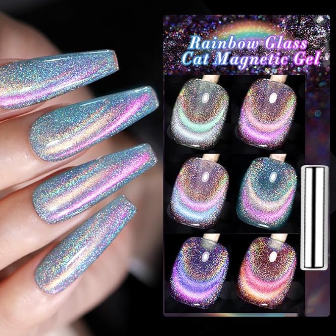 Born Pretty Magnetic Gel Nail Polish Holographic Glass Cat Magnetic Eye Gel Polish Nail Gel Soak Off Nail Art Salon Manicure Collection Gift 6pcs-VivaGrace Women