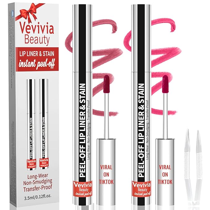 2pcs Lip Stain Peel Off - Lip Liner Stain Long Lasting Waterproof,2-in-1 Lip Liner with Tweezer Nude Matte,Non-Stick Cup,Highly Pigmented,Natural Finish,Stay On All Day,Perfect for Gift (Mauve+Rose)-VivaGrace Women