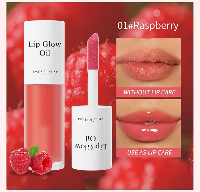 Plumping Lip Oil, Long Lasting Hydrating Lip Stain Lip Balm Raspberry Fruit Revitalizing, Transparent Lip Care Oil for Dry Lip (Raspberry Red)-VivaGrace Women
