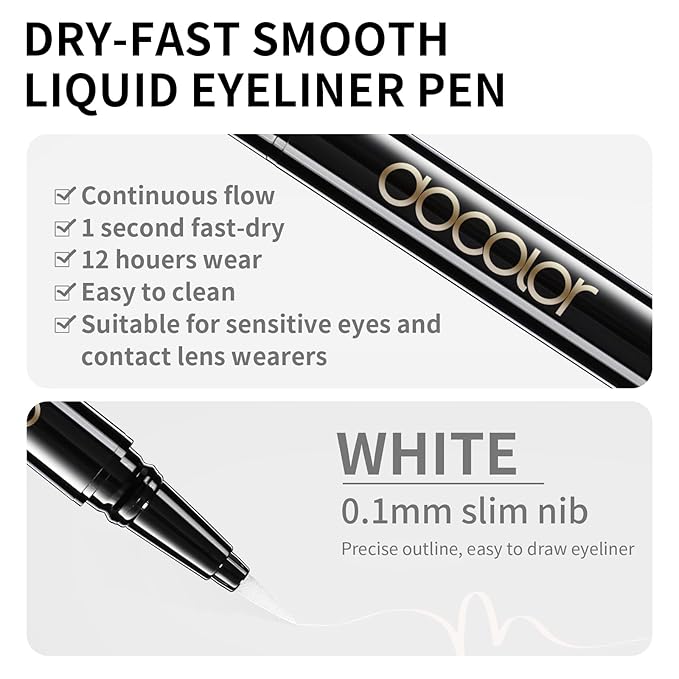 docolor White Waterproof Eyeliner Pen Longwearing with Ultra-Fine Tip Liquid Eye Liner and 2Pcs Eyeshadow Stick Cream Eye Shadow Stick Brightener Eyeshadow Pencil Crayon Highlighter Eye Shadow Stick