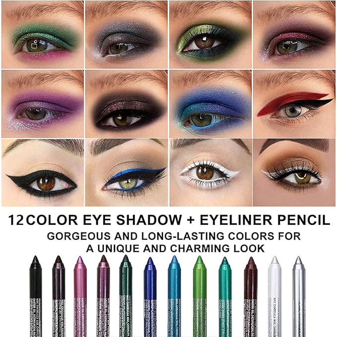 evpct 12Pcs Green Blue White Black Brown Purple Color Gel Glitter Eyeliner Pencils Set for Women Waterline Waterproof Smudge Proof lapiz de ojos delineador de ojos contra el agua Eye Liner Makeup 1