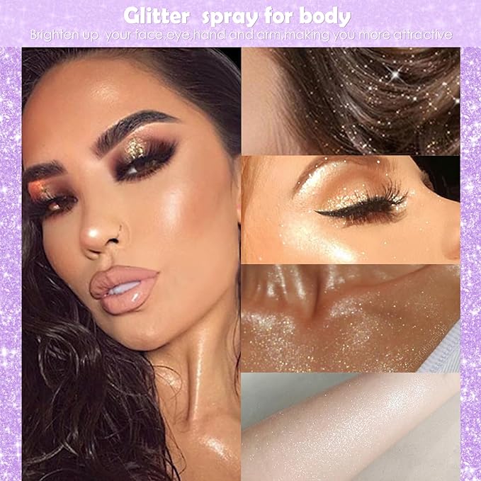Yosca Highlighter Powder Spray, 20ML Cosmetic Grade Shimmer Powder Diamond Glitter Spray Sparkle Highlighter Makeup Festival Concert Accessorise for Rave Clothes Hair Face Nail Art - Silver Dust-VivaGrace Women