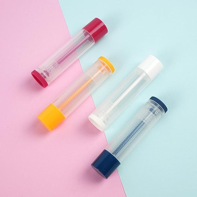 LotFancy Lip Balm Tubes, 60 Empty, 5.5ml, Clear Plastic Containers with 4 Color Caps, BPA Free, Leak Free, Refillable (Yellow White Blue Red)-VivaGrace Women