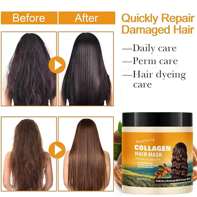 Hair Mask Deep Treatment Conditioner Collagen Protein Argan Oil Biotin Repair For Dry Damaged Frizzy Curly All Hair Types(16.9 Fl Oz/500ml) (collagen)-VivaGrace Women