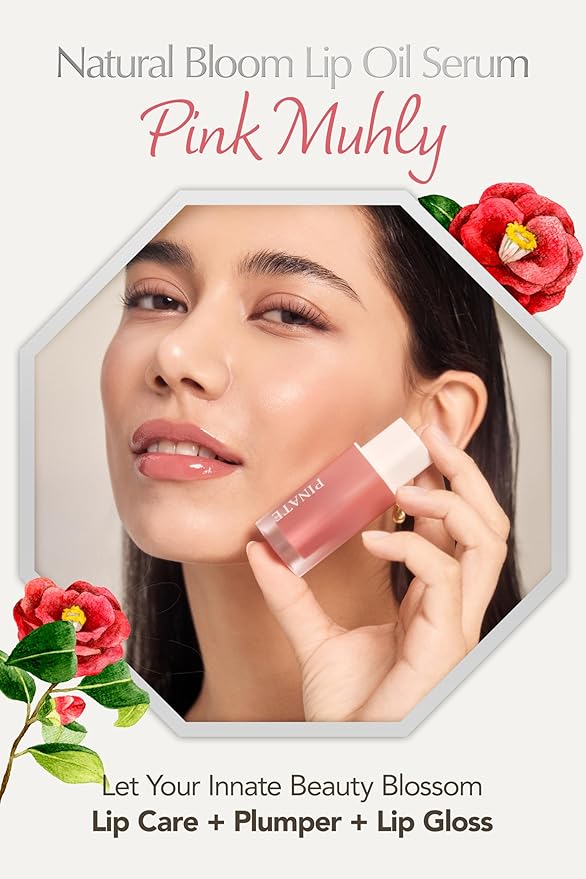 Natural Bloom Korean Lip Oil Serum 0.14 fl oz | Moisturizing Lip Booster Plumping Oil Tint Serum Enriched w/Camellia & Safflower Oils | Non-Irritating Color Changing Lip Oil (Pink Muhly)-VivaGrace Women