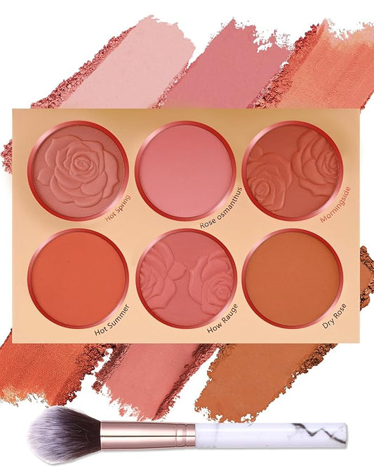 Matte Rose Face Blush Palette Kit with Brush-6 Color High Pigment Silky Mineral Blendable Blusher Contour Powder for Cheeks,Longlasting Eyeshadow Facial Beauty Cosmetic Makeup Gift for Women-Set 02-VivaGrace Women