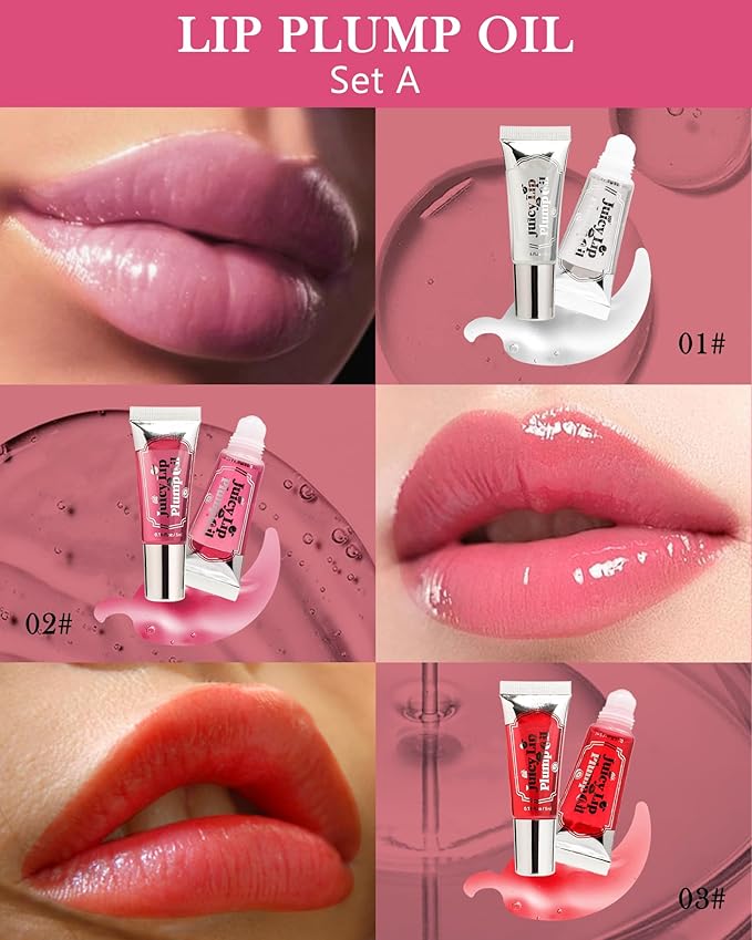 Plumping Lip Oil Kit-3Pcs Hydrating Glossier Tinted Lip Gloss,Long Lasting Lip Plumper and Pout Booster LIpgloss, Moisturizing Non-Sticky Natural Fuller Lip Tint Stain, Makeup Gift for Women-Set A-VivaGrace Women