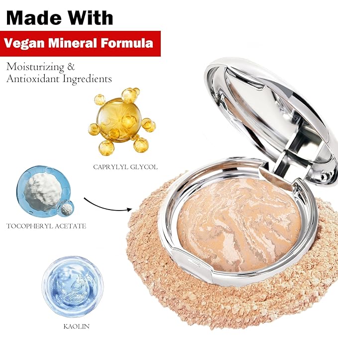 Marbleized Baked Foundation Makeup, Balance and Brighten Color Correcting Powder Foundation - Buildable Light to Medium Coverage - Demi-Matte Natural Finish (#002 LIGHT, 0.32 Oz)-VivaGrace Women