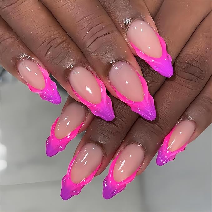 French Tip Press on Nails Almond Nails Press Ons Medium Glue on Nails Purple Nails with 3D Designs Cute Fake Nails 24PCS(Pink & Purple)