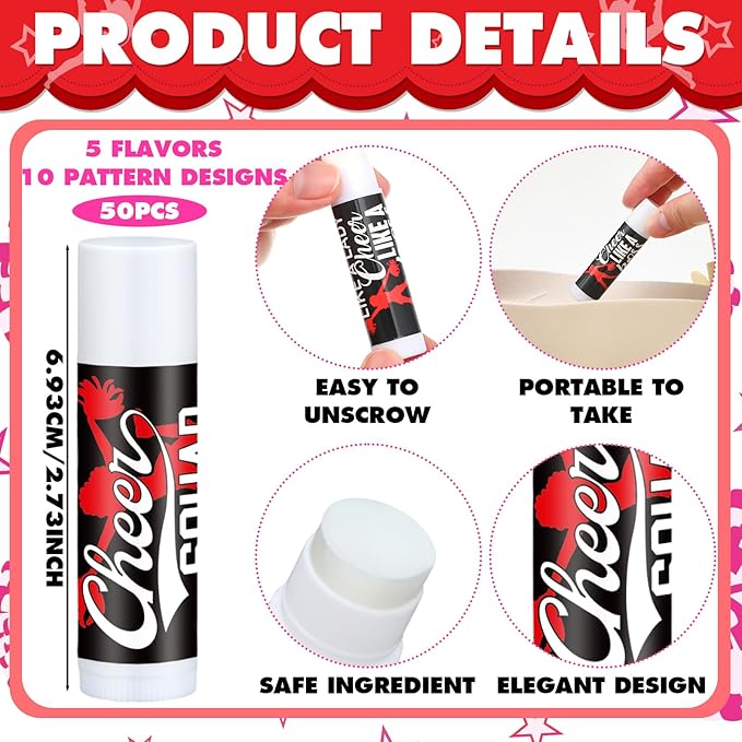50 Sets Cheer Gifts Bulk 50 Cheer Lip Balm Bulk Moisturizing with 50 Organza Drawstring Gift Bags 50 Tags Cheerleader Gifts Cheer Gifts Bulk for Team (Red)-VivaGrace Women